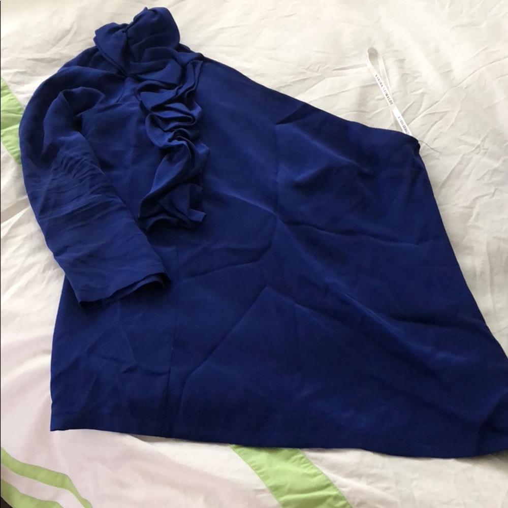 Karina Grimaldi deep blue asymmetrical blouse.